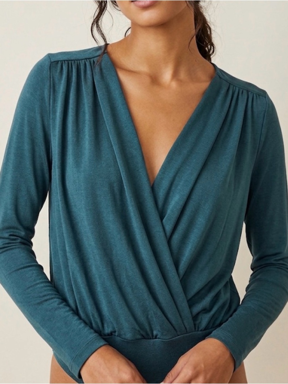 Free People Teal Wrap Surplice Long Sleeve Bodysuit